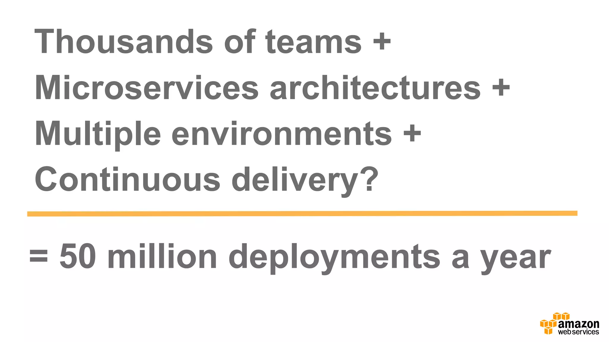 =  50  million  deployments a  year
Thousands  of  teams  +
Microservices  architectures  +
Multiple  environments  +
Continuous  delivery?
 