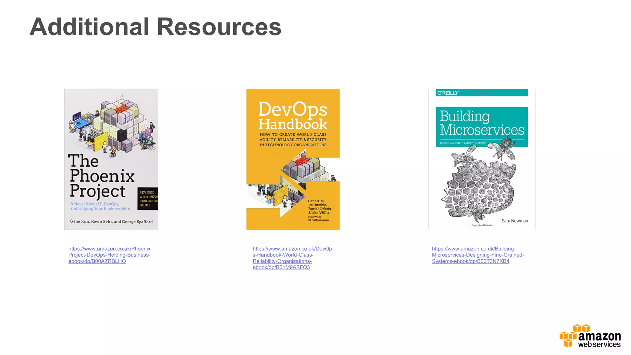 Additional  Resources
https://www.amazon.co.uk/Phoenix-­
Project-­DevOps-­Helping-­Business-­
ebook/dp/B00AZRBLHO
https://www.amazon.co.uk/DevOp
s-­Handbook-­World-­Class-­
Reliability-­Organizations-­
ebook/dp/B01M9ASFQ3
https://www.amazon.co.uk/Building-­
Microservices-­Designing-­Fine-­Grained-­
Systems-­ebook/dp/B00T3N7XB4
 