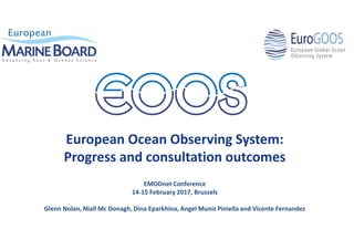 European Ocean Observing System:
Progress and consultation outcomes
EMODnet Conference
14-15 February 2017, Brussels
Glenn Nolan, Niall Mc Donagh, Dina Eparkhina, Angel Muniz Piniella and Vicente Fernandez
 