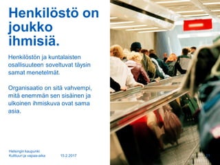Henkilöstö on
joukko
ihmisiä.
Henkilöstön ja kuntalaisten
osallisuuteen soveltuvat täysin
samat menetelmät.
Organisaatio on sitä vahvempi,
mitä enemmän sen sisäinen ja
ulkoinen ihmiskuva ovat sama
asia.
15.2.2017
Helsingin kaupunki
Kulttuuri ja vapaa-aika 21
 