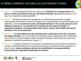 EL TREBALL DOMÈSTIC I DE CURA A LA LLEI D’IGUALTAT 17/2015
 Article 1: un dels objectius de la llei és “Afavorir una distribució corresponsable entre
dones i homes del treball de mercat i del treball domèstic i de cura de persones, en el
marc d’un model de societat sostenible”.
 Article 3: “Els poders públics han de garantir el compliment dels principis d’igualtat
d’oportunitats entre dones i homes en el treball i de no-discriminació a causa d'embaràs o de
maternitat, i han de reconèixer la vàlua del treball domèstic i de cura de persones amb
l'objectiu d'assolir un nou equilibri en la distribució del temps de treball i un
repartiment equitatiu i corresponsable entre dones i homes dels treballs de mercat i
domèstic i de cura de persones”.
 Article 31: “La Generalitat ha de fer, periòdicament, estimacions del valor econòmic
del treball domèstic i de cura d’infants i de persones grans o dependents fet a Catalunya, i
ha d'informar la societat catalana sobre el resultat d’aquestes estimacions per donar-ne a
conèixer la importància econòmica i social (...)”.
 Article 46: “Impulsar l’equilibri en la valoració i la distribució del temps dedicat al treball de
mercat i al treball domèstic i de cura de persones tenint en compte el temps personal i el
cicle de vida, i aplicar polítiques actives de sensibilització, corresponsabilitat,
conscienciació i capacitació destinades als homes”.
 