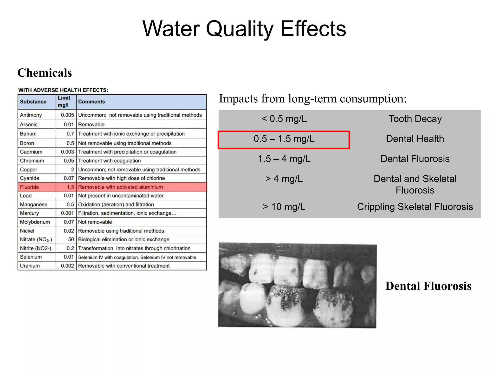 Water Quality Effects
Impacts from long-term consumption:
< 0.5 mg/L Tooth Decay
0.5 – 1.5 mg/L Dental Health
1.5 – 4 mg/L Dental Fluorosis
> 4 mg/L Dental and Skeletal
Fluorosis
> 10 mg/L Crippling Skeletal Fluorosis
Dental Fluorosis
Chemicals
 
