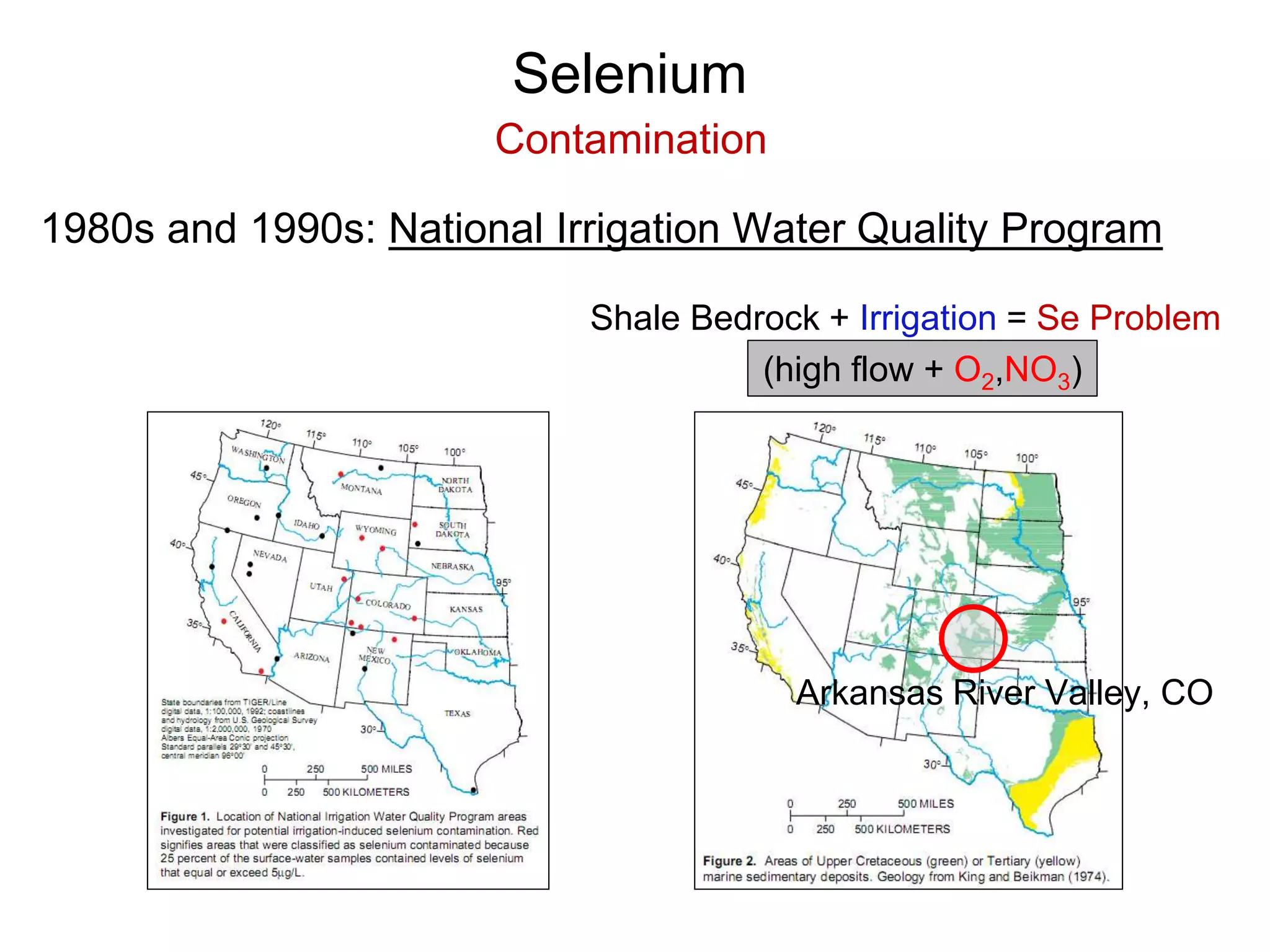 Selenium
Contamination
1980s and 1990s: National Irrigation Water Quality Program
Shale Bedrock + Irrigation = Se Problem
Arkansas River Valley, CO
(high flow + O2,NO3)
 