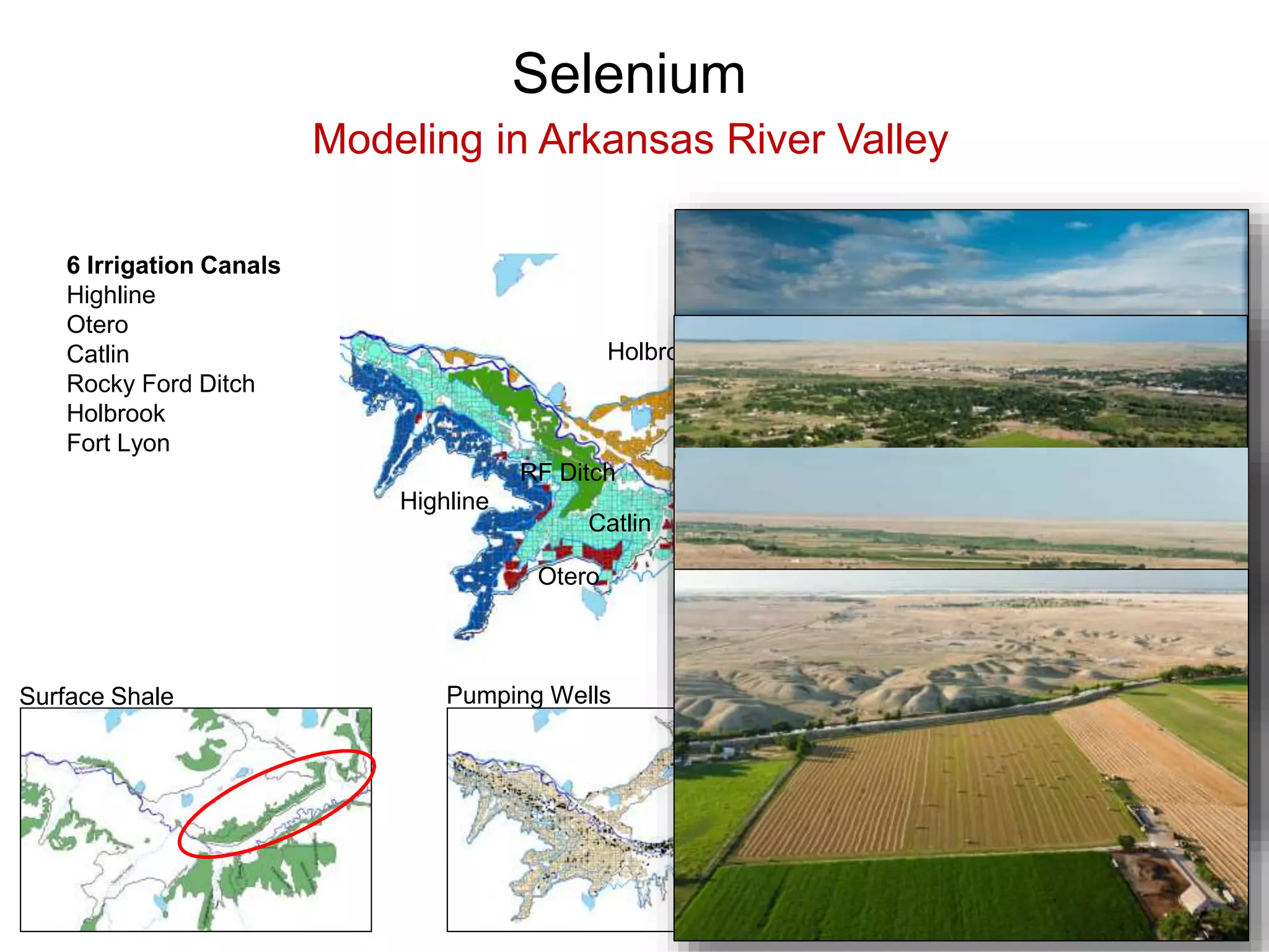 Selenium
Modeling in Arkansas River Valley
Fort Lyon
Holbrook
Highline
Catlin
RF Ditch
Otero
6 Irrigation Canals
Highline
Otero
Catlin
Rocky Ford Ditch
Holbrook
Fort Lyon
Pumping Wells Depth to Bedrock (~15 m)Surface Shale
 