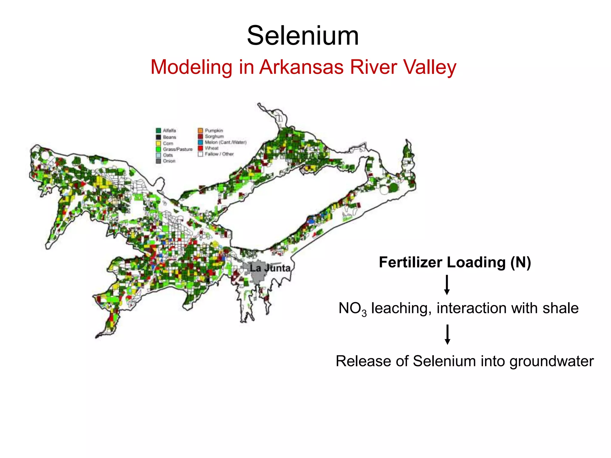 Selenium
Modeling in Arkansas River Valley
Fertilizer Loading (N)
NO3 leaching, interaction with shale
Release of Selenium into groundwater
 