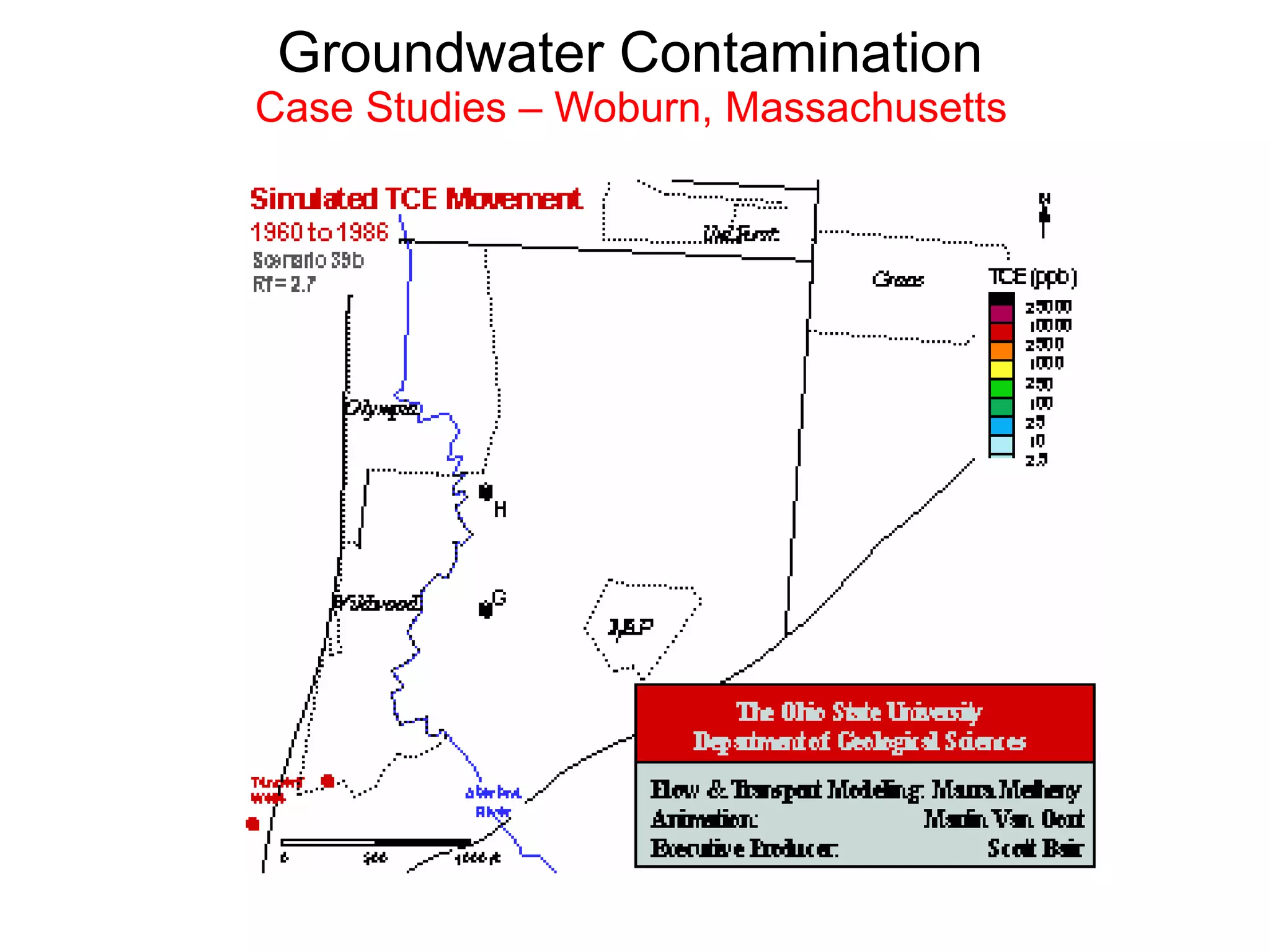 Groundwater Contamination
Case Studies – Woburn, Massachusetts
http://sphweb.bumc.bu.edu/otlt/MPH-Modules/PH/Woburn/Woburn_print.html
 