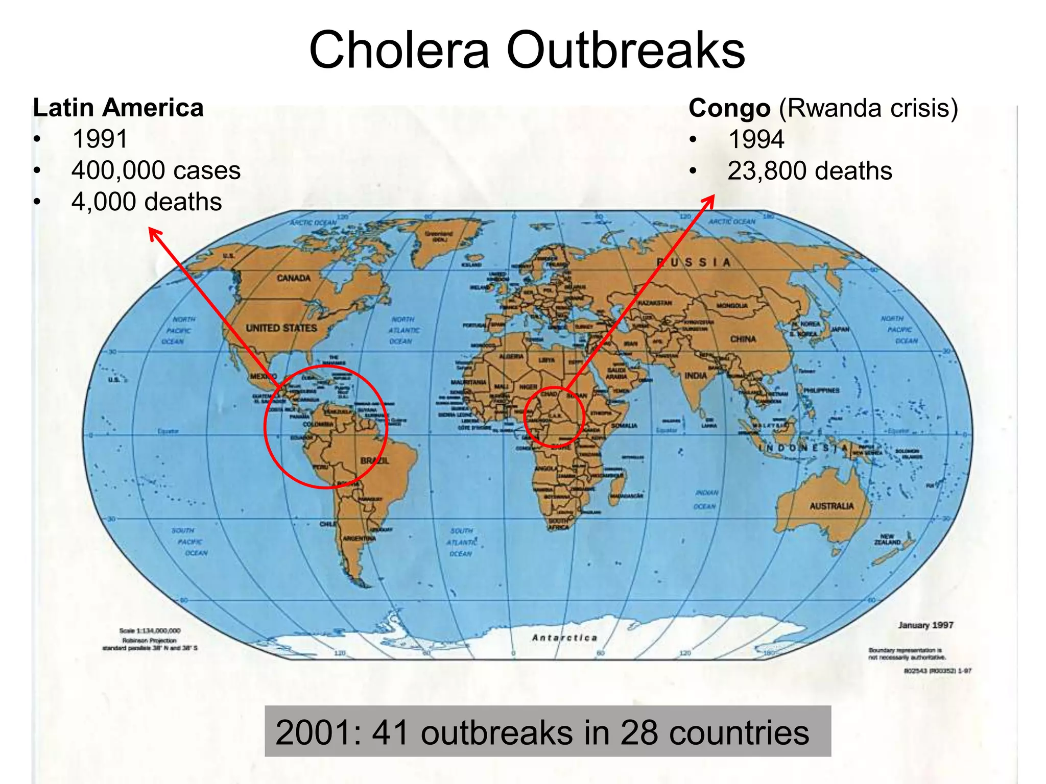 Cholera Outbreaks
Congo (Rwanda crisis)
• 1994
• 23,800 deaths
2001: 41 outbreaks in 28 countries
Latin America
• 1991
• 400,000 cases
• 4,000 deaths
 