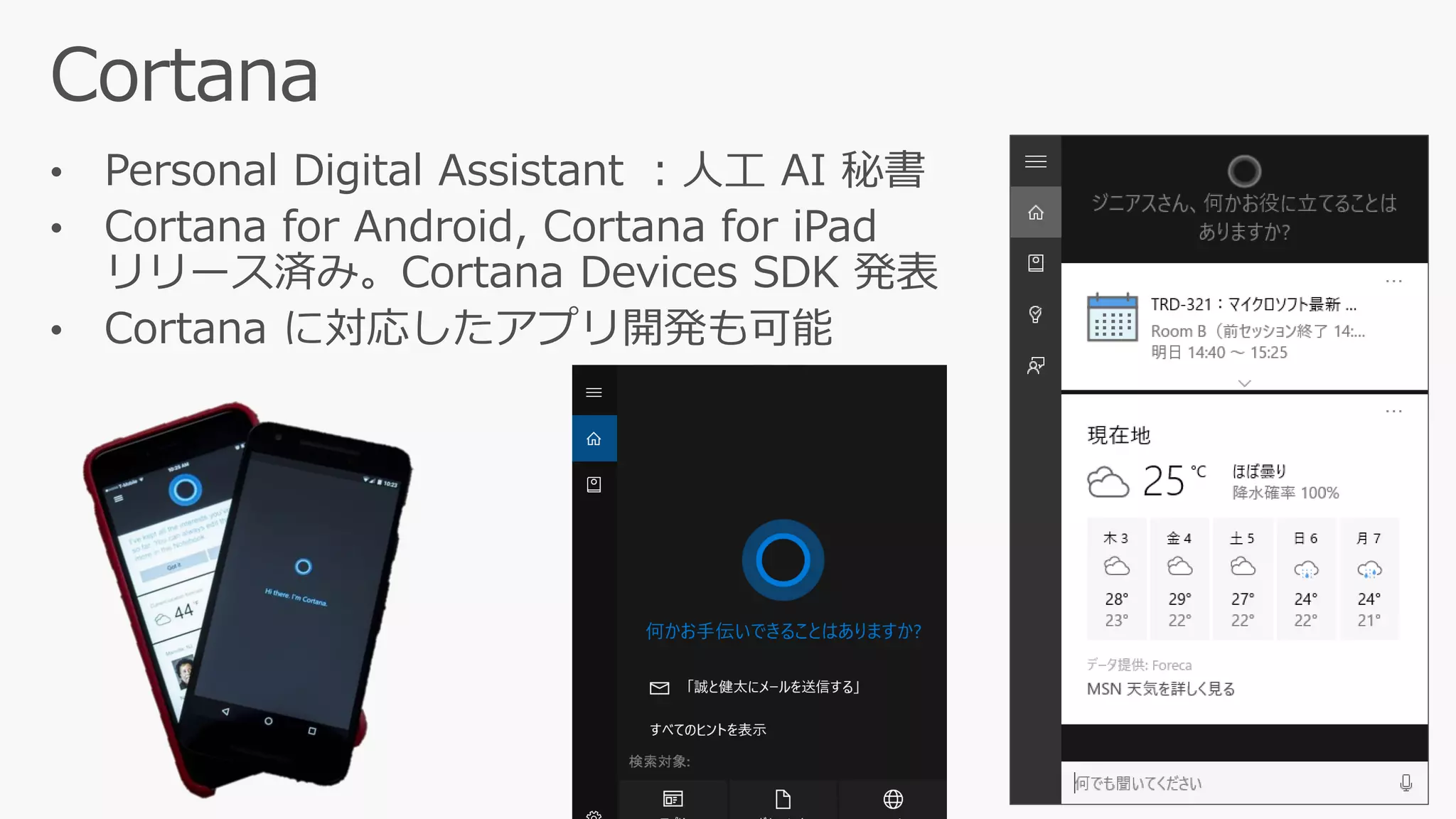 • Personal Digital Assistant ：人工 AI 秘書
• Cortana for Android, Cortana for iPad
リリース済み。Cortana Devices SDK 発表
• Cortana に対応したアプリ開発も可能
 