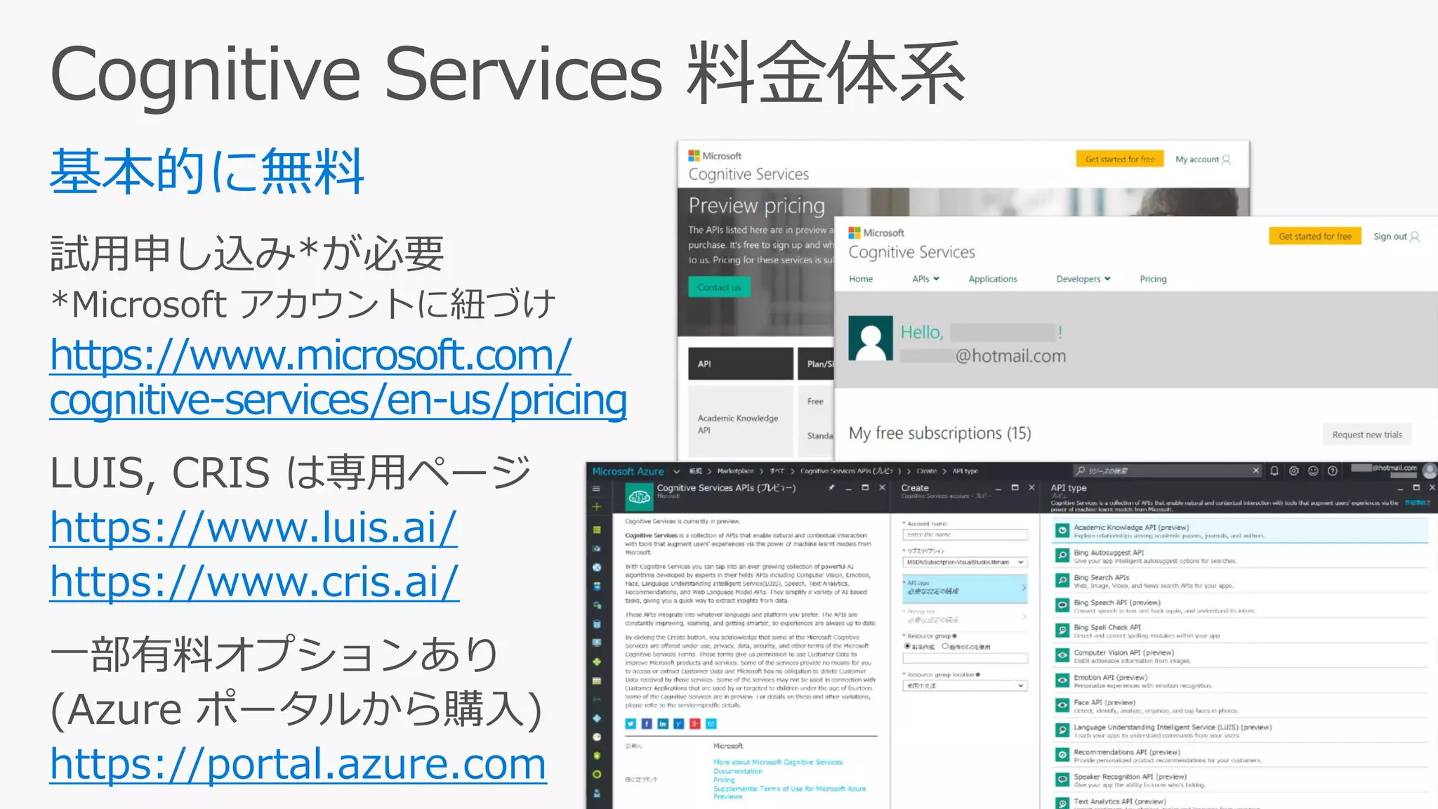 https://www.microsoft.com/
cognitive-services/en-us/pricing
https://www.luis.ai/
https://www.cris.ai/
https://portal.azure.com
 