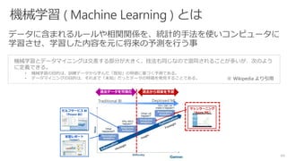 49
※ Wikipedia より引用
定型レポート
（SSRS）
セルフサービス BI
（Power BI）
マシンラーニング
（Azure ML）
機械学習とデータマイニングは交差する部分が大きく、技法も同じなので混同されることが多いが、次のよう
に定義できる。
• 機械学習の目的は、訓練データから学んだ「既知」の特徴に基づく予測である。
• データマイニングの目的は、それまで「未知」だったデータの特徴を発見することである。
 