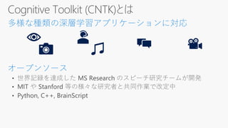• 世界記録を達成した MS Research のスピーチ研究チームが開発
• MIT や Stanford 等の様々な研究者と共同作業で改定中
• Python, C++, BrainScript
 
