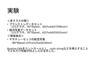 実験
＜多クラス分類＞
• プランクトンデータセット
（121クラス、95*95pixel、3037valid/27299train）
• 銀河写真データセット
（121クラス、95*95pixel、6157valid/55421train）
＜領域抽出＞
• マサチューセッツの航空写真
（80*80pixel,137train/4valid/10test）
Baseline CNNをコントロールとし、cyclic slicingなどを挿入すること
でどれだけ性能が向上したかを示した。
 