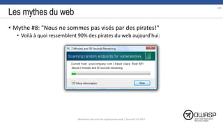 Les mythes du web
• Mythe #8: "Nous ne sommes pas visés par des pirates!"
• Voilà à quoi ressemblent 90% des pirates du web aujourd'hui:
100
Workshop Sécurité des applications web | SecureIT VS 2017
 