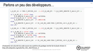 Parlons un peu des développeurs…
L’évaluation de sécurité du code source du système de guidage inertiel de la fusée Ariane 5:
http://fr.wikipedia.org/wiki/Vol_501_d%27Ariane_5
109
Workshop Sécurité des applications web | SecureIT VS 2017
 