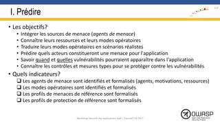 I. Prédire
• Les objectifs?
• Intégrer les sources de menace (agents de menace)
• Connaître leurs ressources et leurs modes opératoires
• Traduire leurs modes opératoires en scénarios réalistes
• Prédire quels acteurs constitueront une menace pour l'application
• Savoir quand et quelles vulnérabilités pourraient apparaître dans l'application
• Connaître les contrôles et mesures types pour se protéger contre les vulnérabilités
• Quels indicateurs?
 Les agents de menace sont identifiés et formalisés (agents, motivations, ressources)
 Les modes opératoires sont identifiés et formalisés
 Les profils de menaces de référence sont formalisés
 Les profils de protection de référence sont formalisés
115
Workshop Sécurité des applications web | SecureIT VS 2017
 