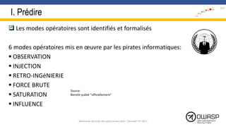 I. Prédire
 Les modes opératoires sont identifiés et formalisés
6 modes opératoires mis en œuvre par les pirates informatiques:
 OBSERVATION
 INJECTION
 RETRO-INGéNIERIE
 FORCE BRUTE
 SATURATION
 INFLUENCE

117
Workshop Sécurité des applications web | SecureIT VS 2017
Source:
Bientôt publié "officiellement"
 