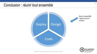 Conclusion : réunir tout ensemble
Design
Code
Deploy
139
Workshop Sécurité des applications web | SecureIT VS 2017
Roue compatible
"agile process"
machin
 