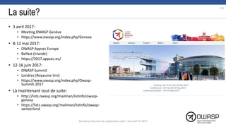 La suite?
• 3 avril 2017:
• Meeting OWASP Genève
• https://www.owasp.org/index.php/Geneva
• 8-12 mai 2017:
• OWASP Appsec Europe
• Belfast (Irlande)
• https://2017.appsec.eu/
• 12-16 juin 2017:
• OWASP Summit
• Londres (Royaume-Uni)
• https://www.owasp.org/index.php/Owasp-
Summit-2017
• Là maintenant tout de suite:
• http://lists.owasp.org/mailman/listinfo/owasp-
geneva
• https://lists.owasp.org/mailman/listinfo/owasp-
switzerland
151
Workshop Sécurité des applications web | SecureIT VS 2017
 