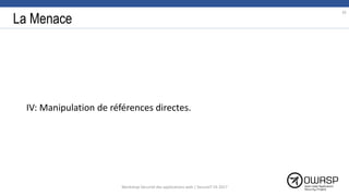 La Menace
IV: Manipulation de références directes.
35
Workshop Sécurité des applications web | SecureIT VS 2017
 