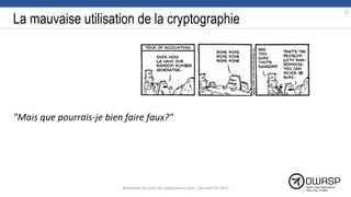 La mauvaise utilisation de la cryptographie
"Mais que pourrais-je bien faire faux?"
71
Workshop Sécurité des applications web | SecureIT VS 2017
 