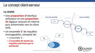 Le concept client-serveur
La réalité:
• Une proposition d'interface
utilisateur et une proposition
de logique conçues en interne
puis acheminées vers le client
web,
• Un ensemble E' de requêtes
envisageables, composé de:
• L'ensemble 'E'.
• L'ensemble de toutes les
requêtes permises par le
protocole.
94
Workshop Sécurité des applications web | SecureIT VS 2017
 