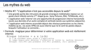 Les mythes du web
• Mythe #7: "L'application n'est pas accessible depuis le web!"
• Une grande partie des intrusions de grande envergure médiatisées repose sur un
poste client infecté comme 1ère étape (p.ex.: Sony Pictures, RSA, TV5Monde, etc.).
• L'application web 'interne' est une opportunité de progression interne horizontale
(accès aux données d'un autre compte) et verticale (accès aux systèmes adjacents).
• L'application web interne accessible depuis des réseaux partenaires ou les clients
mobiles (p.ex.: via accès VPN) est aussi interne que ne le sont les postes depuis
lesquels l'utilisateur se connecte…
• Formule magique pour déterminer si votre application web est réellement
interne:
Risque interne = a x ln(b)
a: % de systèmes ayant accès à l'application
b: temps requis pour détecter l'infection et isoler la machine (minutes)
Attaque: [0;2.99]: peu probable [3;5.99]: probable, [6;[: garantie
99
Workshop Sécurité des applications web | SecureIT VS 2017
 