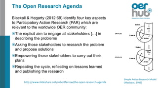 The Open Research Agenda
Blackall & Hegarty (2012:69) identify four key aspects
to Participatory Action Research (PAR) which are
relevant to the worldwide OER community:
The explicit aim to engage all stakeholders […] in
describing the problems
Asking those stakeholders to research the problem
and propose solutions
Empowering those stakeholders to carry out their
plans
Repeating the cycle, reflecting on lessons learned
and publishing the research
Simple Action Research Model
(MacIsaac, 1995)http://www.slideshare.net/robertfarrow/the-open-research-agenda
 