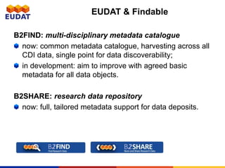 B2FIND: multi-disciplinary metadata catalogue
now: common metadata catalogue, harvesting across all
CDI data, single point for data discoverability;
in development: aim to improve with agreed basic
metadata for all data objects.
B2SHARE: research data repository
now: full, tailored metadata support for data deposits.
EUDAT & Findable
 
