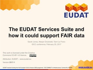 EUDAT receives funding from the European Union's Horizon 2020 programme - DG CONNECT e-Infrastructures. Contract No. 654065 www.eudat.eu
The EUDAT Services Suite and
how it could support FAIR data
Sarah Jones, Marjan Grootveld, Yann Le Franc
iDCC conference, February 20, 2017
This work is licensed under the Creative
Commons CC-BY 4.0 licence.
Version 2017-1
Attribution: EUDAT – www.eudat.eu
 