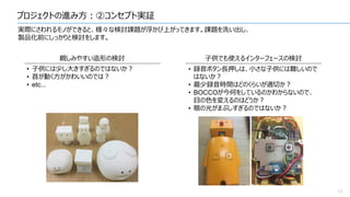プロジェクトの進み方：②コンセプト実証
12
実際にさわれるモノができると、様々な検討課題が浮かび上がってきます。課題を洗い出し、
製品化前にしっかりと検討をします。
親しみやすい造形の検討 子供でも使えるインターフェースの検討
• 子供には少し大きすぎるのではないか？
• 首が動く方がかわいいのでは？
• etc...
• 録音ボタン長押しは、小さな子供には難しいので
はないか？
• 最少録音時間はどのくらいが適切か？
• BOCCOが今何をしているのかわからないので、
目の色を変えるのはどうか？
• 眼の光がまぶしすぎるのではないか？
 