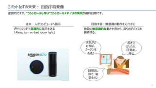 ロボットIoTの未来： 目指す将来像
19
逆説的ですが、”コントロールしない”コントロールデバイスの実現が最終目標です。
従来：人がコンピュータへ指示 目指す姿：無意識の動作をスイッチに
声やコマンドで意識的に指示を送る
「Alexa, turn on bed room light」
普段の無意識的な動きや音から、周りのデバイスを
操作する。
目覚まし
音で、電
気をオン
起き上
がったら、
目覚まし
停止
天気がよ
ければ、
カーテンを
あける
 