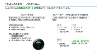 ロボットIoTの未来： ＜参考＞Nest
20
Nestはすでに人の空調の操作パターンを学習することで、人間の操作を不要にしています。
Nestの行動学習 家にスマートデバイスが増えるほど学習可能性が増
部屋の特性と住人の行動パターンから自動的に温
度を調整し、電気代の節約と快適さを実現。
人感センサだけでもホームコントロールの自動化は
可能。
部屋の特性を学習
• 部屋の温まりやすさ、冷めやすさ
• 暖房・冷房の種類
住人の行動パターンを学習
• 温度調節の操作
• 本体の前に人がいるかどうか
• 週末・週中のパターンの違い
1日目
• エアコンオフ
• 出かける
（ドアセンサ）
2日目
• エアコンオフ
• 出かける
（ドアセンサ）
2日目
• .
• 出かける
（ドアセンサ）
←出かけたときにエアコン
を消すことをリコメンド
 