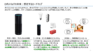 ロボットIoTの未来：想定するロードマップ
21
ボイスコントロールシステムを中心に、多くのアプリケーションエコシステムが発展しています。そして、多くの情報を元に「人の動
きのパターン」の理解と、パターン先読みによる無意識のコントロールが可能になると予想しています。
昨年～現在：クリティカルな体験 1～3年後：センサ/機器のエコシステム 3年後～：無意識のコントロール
気軽に音楽を聴けるという体験をベー
スとして、ボイスコントロールを多くのユー
ザに受け入れさせました。1つクリティカ
ルな体験を見出すことが重要です。
ソフト面では、Alexa skills は16年6月
に1000、9月に3000、17年1月には
6000を超え次々に増加しています。
ハード面でも住宅メーカーや周辺デバ
イスの対応が進んでいく見込みです。
エコシステムが発達するにつれ、多くの
センサ情報からパターンを見出し、自
律的にホームコントロールをするデバイ
ス/ソフトウェアが登場すると考えられま
す。
 