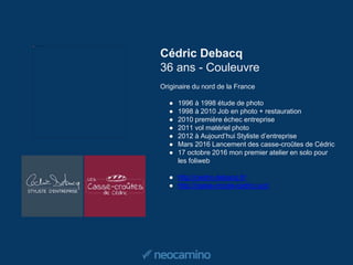 Cédric Debacq
36 ans - Couleuvre
Originaire du nord de la France
● 1996 à 1998 étude de photo
● 1998 à 2010 Job en photo + restauration
● 2010 première échec entreprise
● 2011 vol matériel photo
● 2012 à Aujourd’hui Styliste d’entreprise
● Mars 2016 Lancement des casse-croûtes de Cédric
● 17 octobre 2016 mon premier atelier en solo pour
les foliweb
● http://cedric-debacq.fr/
● http://casse-croute-cedric.xyz/
 