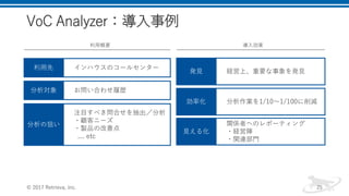 VoC Analyzer：導入事例
© 2017 Retrieva, Inc. 25
利用概要
利用先 インハウスのコールセンター
分析対象 お問い合わせ履歴
導入効果
発見 経営上、重要な事象を発見
分析の狙い
注目すべき問合せを抽出／分析
・顧客ニーズ
・製品の改善点
.... etc
効率化 分析作業を1/10〜1/100に削減
見える化
関係者へのレポーティング
・経営陣
・関連部門
 
