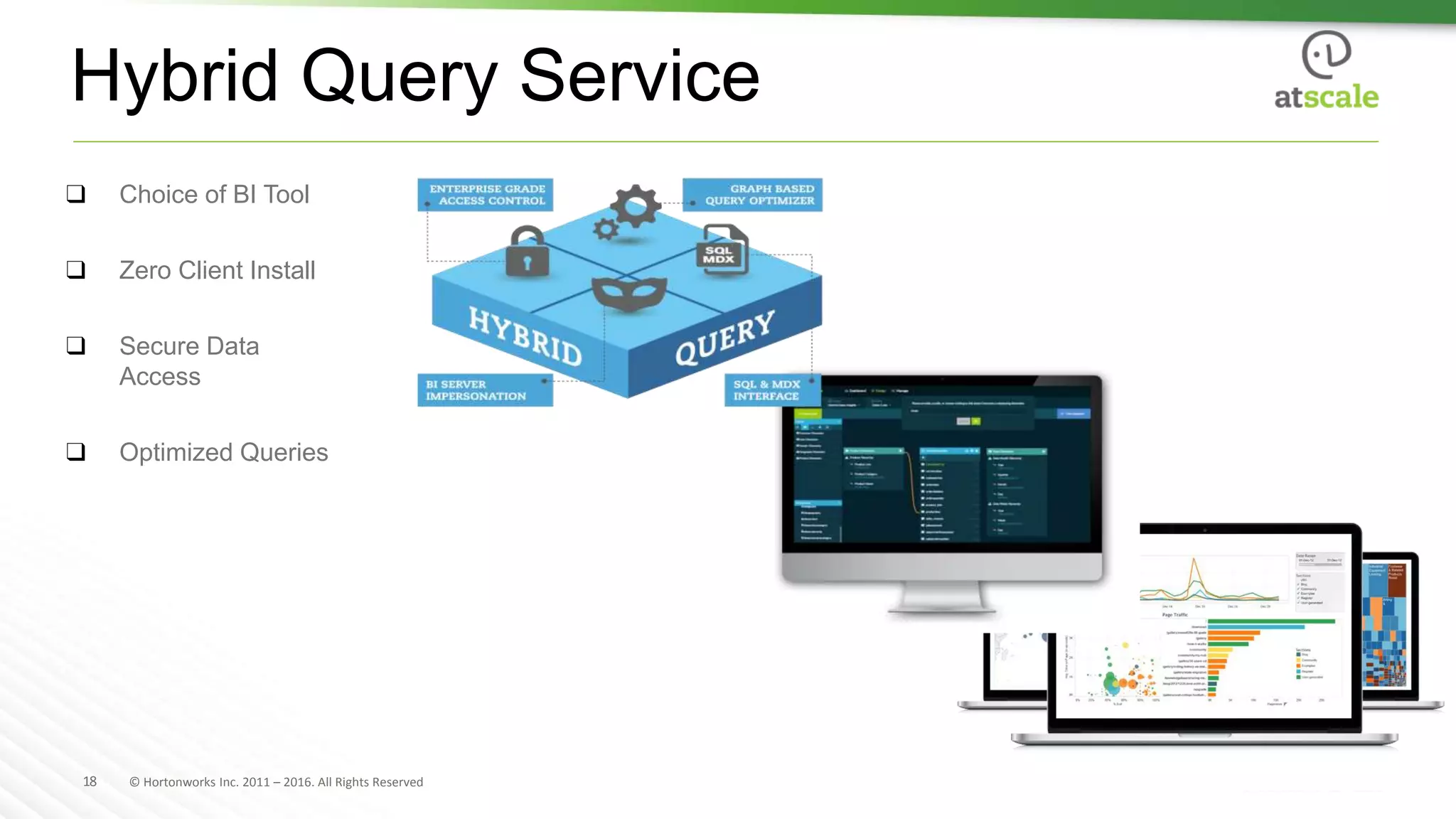 18 © Hortonworks Inc. 2011 – 2016. All Rights Reserved
Hybrid Query Service
❑ Choice of BI Tool
❑ Zero Client Install
❑ Secure Data
Access
❑ Optimized Queries
 