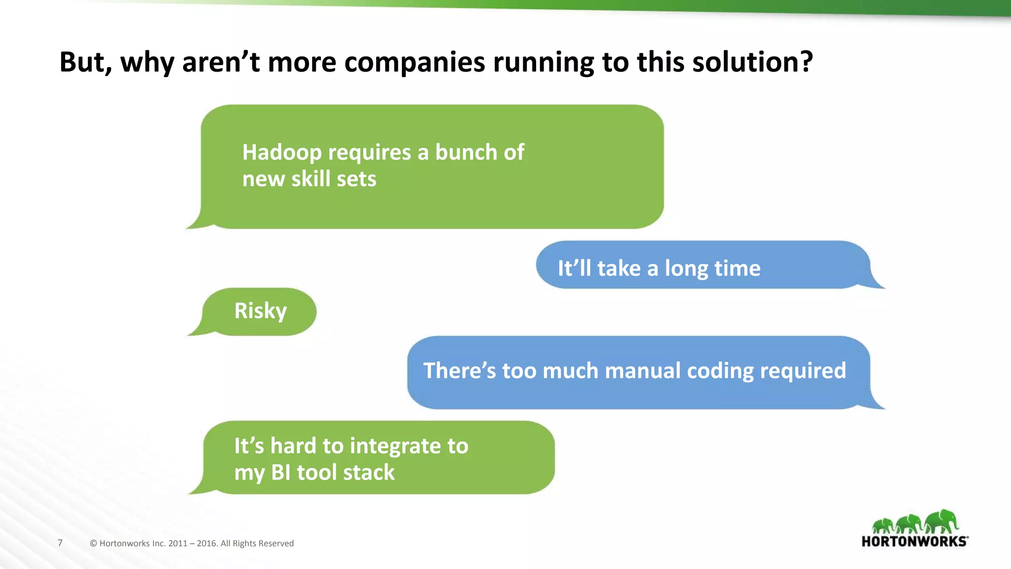 7 © Hortonworks Inc. 2011 – 2016. All Rights Reserved
But, why aren’t more companies running to this solution?
Risky
Hadoop requires a bunch of
new skill sets
It’ll take a long time
There’s too much manual coding required
It’s hard to integrate to
my BI tool stack
 