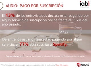 #IABEstudioAudio
P20. ¿Estás pagando actualmente por algún servicio de suscripción de audio online? Base: 500 usuarios.
AUDIO: PAGO POR SUSCRIPCIÓN
El 13% de los entrevistados declara estar pagando por
algún servicio de suscripción online frente al 11,7% del
año pasado.
Deezer e Ivoox son otros de los servicios a los que los usuarios declaran estar suscritos
De entre los usuarios que están pagando por algún
servicio, el 77% está suscrito a Spotify.
.
 
