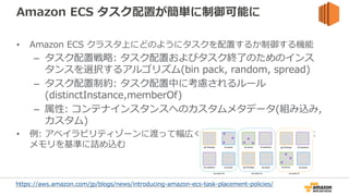 Amazon ECS タスク配置が簡単に制御可能に
• Amazon ECS クラスタ上にどのようにタスクを配置するか制御する機能
– タスク配置戦略: タスク配置およびタスク終了のためのインス
タンスを選択するアルゴリズム(bin pack, random, spread)
– タスク配置制約: タスク配置中に考慮されるルール
(distinctInstance,memberOf)
– 属性: コンテナインスタンスへのカスタムメタデータ(組み込み,
カスタム)
• 例: アベイラビリティゾーンに渡って幅広く配置しながら、各ゾーンでは
メモリを基準に詰め込む
https://aws.amazon.com/jp/blogs/news/introducing-amazon-ecs-task-placement-policies/
 