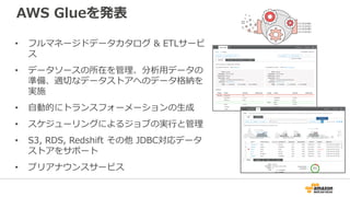 AWS Glueを発表
• フルマネージドデータカタログ & ETLサービ
ス
• データソースの所在を管理、分析用データの
準備、適切なデータストアへのデータ格納を
実施
• 自動的にトランスフォーメーションの生成
• スケジューリングによるジョブの実行と管理
• S3, RDS, Redshift その他 JDBC対応データ
ストアをサポート
• プリアナウンスサービス
 