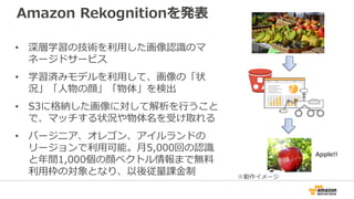 Amazon Rekognitionを発表
• 深層学習の技術を利用した画像認識のマ
ネージドサービス
• 学習済みモデルを利用して、画像の「状
況」「人物の顔」「物体」を検出
• S3に格納した画像に対して解析を行うこと
で、マッチする状況や物体名を受け取れる
• バージニア、オレゴン、アイルランドの
リージョンで利用可能。月5,000回の認識
と年間1,000個の顔ベクトル情報まで無料
利用枠の対象となり、以後従量課金制 ※動作イメージ
Apple!!
 