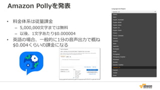 Amazon Pollyを発表
• 料金体系は従量課金
– 5,000,000文字までは無料
– 以後、1文字あたり$0.000004
• 英語の場合、一般的に1分の音声出力で概ね
$0.004くらいの課金になる
 