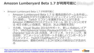 Amazon Lumberyard Beta 1.7 が利用可能に
• Amazon Lumberyard Beta 1.7 が利用可能に
- Amazon Lumberyard Beta 1.7 は 最高品質のゲームを作成し、
ゲームをAWSクラウドの膨大なコンピューティングとストレー
ジに接続し、Twitch でファンを連携させることができる
Amazon の無料のクロスプラットフォーム 3D エンジンに対す
る 403 の新しい改善点、修正点、および機能を含む
- その他、Visual Studio 2015のサポート、新しいEditorレイア
ウト、VRのSpherical Video Playbackのサポート、Geppetto
character tool の UX の改良、オーディオ、ライトニング、複
合図形、アニメーションをサポートする新しいコンポーネント
エンティティ、Twitch ChatPlayのアップデート、
Metastream、最新のAWS 1.0.24 SDKとの統合などが含まれ
る
https://aws.amazon.com/jp/about-aws/whats-new/2017/01/amazon-lumberyard-beta-1-7-now-available-
adds-deployment-tool-asset-browser-multiplayer-sample-visual-studio-2015-support-and-more/
 