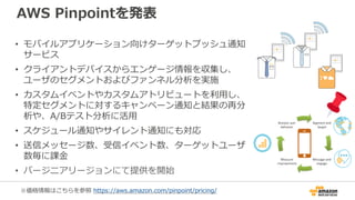 AWS Pinpointを発表
• モバイルアプリケーション向けターゲットプッシュ通知
サービス
• クライアントデバイスからエンゲージ情報を収集し、
ユーザのセグメントおよびファンネル分析を実施
• カスタムイベントやカスタムアトリビュートを利用し、
特定セグメントに対するキャンペーン通知と結果の再分
析や、A/Bテスト分析に活用
• スケジュール通知やサイレント通知にも対応
• 送信メッセージ数、受信イベント数、ターゲットユーザ
数毎に課金
• バージニアリージョンにて提供を開始
※価格情報はこちらを参照 https://aws.amazon.com/pinpoint/pricing/
 