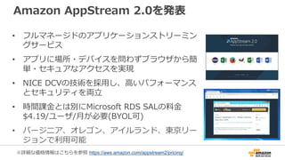 Amazon AppStream 2.0を発表
• フルマネージドのアプリケーションストリーミン
グサービス
• アプリに場所・デバイスを問わずブラウザから簡
単・セキュアなアクセスを実現
• NICE DCVの技術を採用し、高いパフォーマンス
とセキュリティを両立
• 時間課金とは別にMicrosoft RDS SALの料金
$4.19/ユーザ/月が必要(BYOL可)
• バージニア、オレゴン、アイルランド、東京リー
ジョンで利用可能
※詳細な価格情報はこちらを参照 https://aws.amazon.com/appstream2/pricing/
 