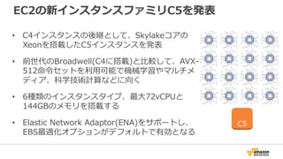 EC2の新インスタンスファミリC5を発表
• C4インスタンスの後継として、Skylakeコアの
Xeonを搭載したC5インスタンスを発表
• 前世代のBroadwell(C4に搭載)と比較して、AVX-
512命令セットを利用可能で機械学習やマルチメ
ディア、科学技術計算などに向く
• 6種類のインスタンスタイプ、最大72vCPUと
144GBのメモリを搭載する
• Elastic Network Adaptor(ENA)をサポートし、
EBS最適化オプションがデフォルトで有効となる
C5
 