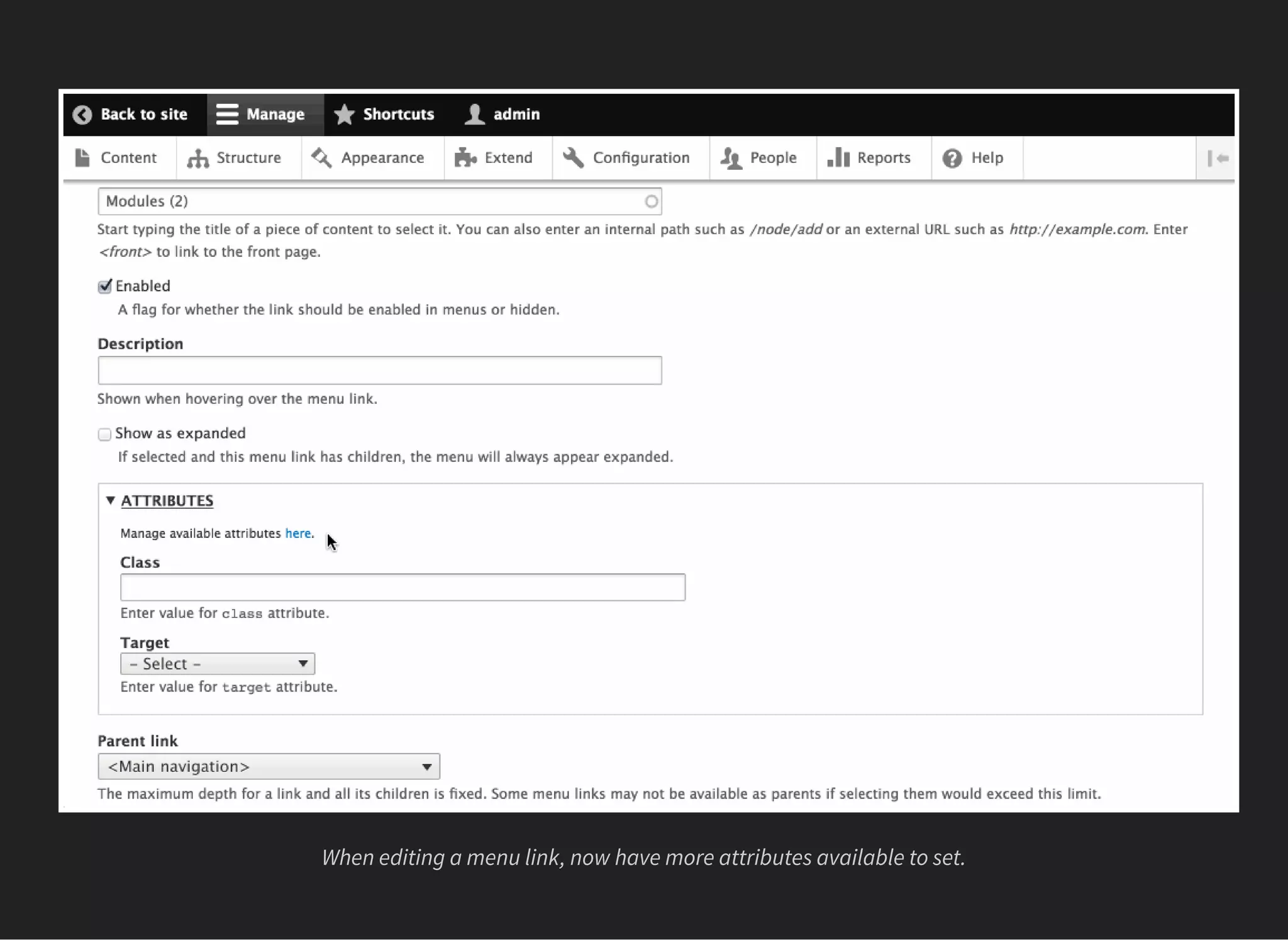 When editing a menu link, now have more attributes available to set.
 