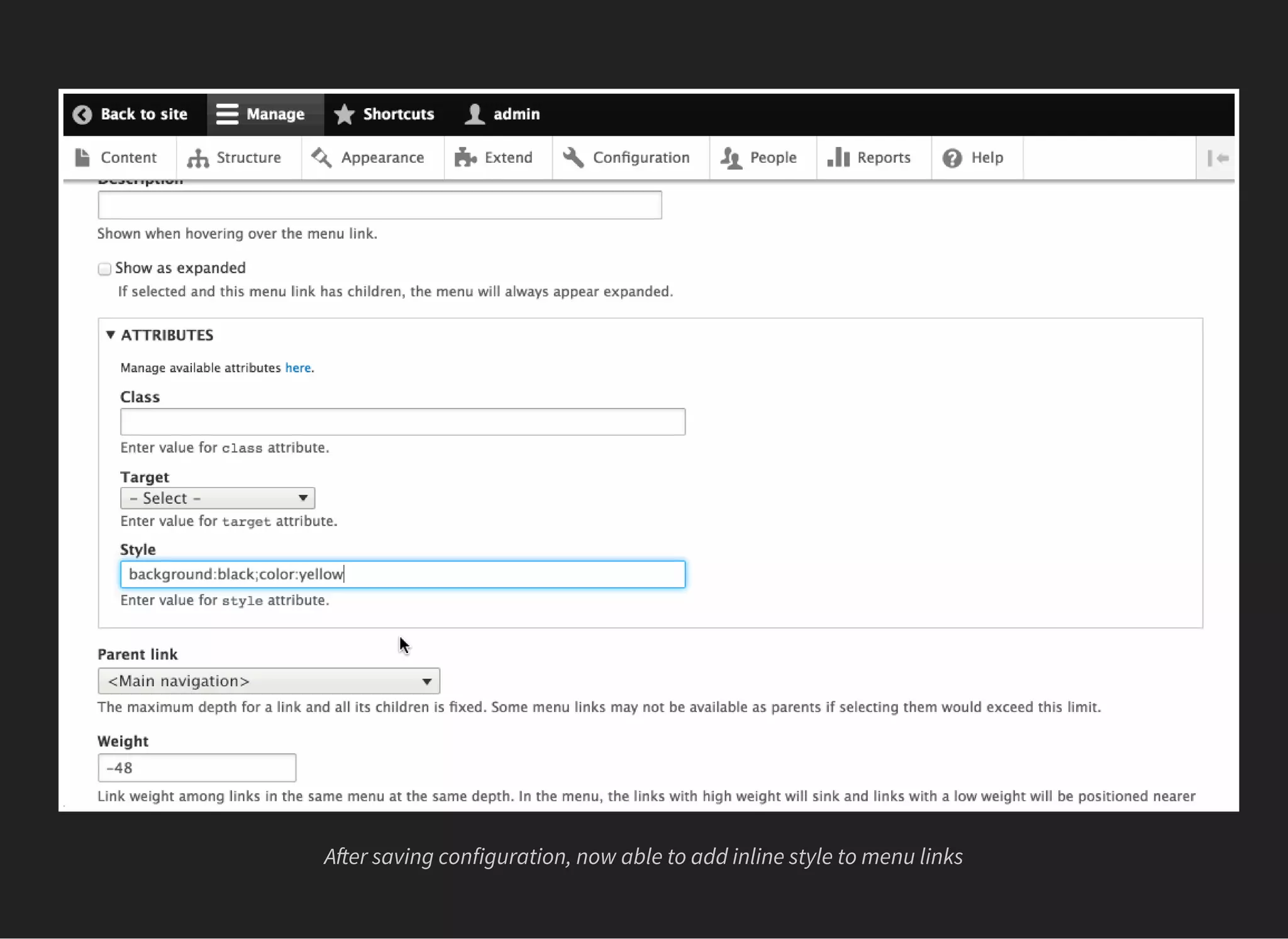 A er saving configuration, now able to add inline style to menu links
 