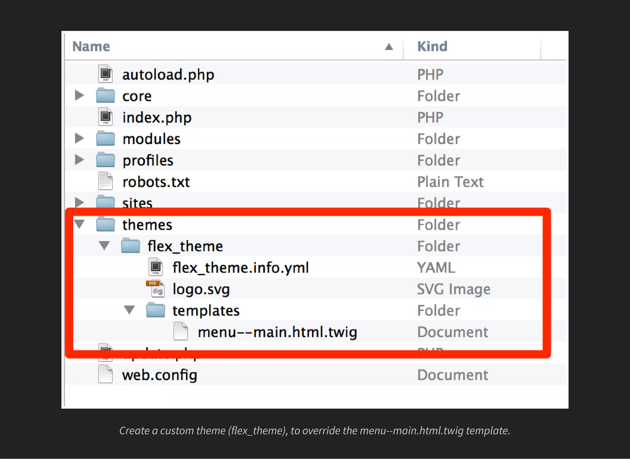 Create a custom theme (flex_theme), to override the menu--main.html.twig template.
 
