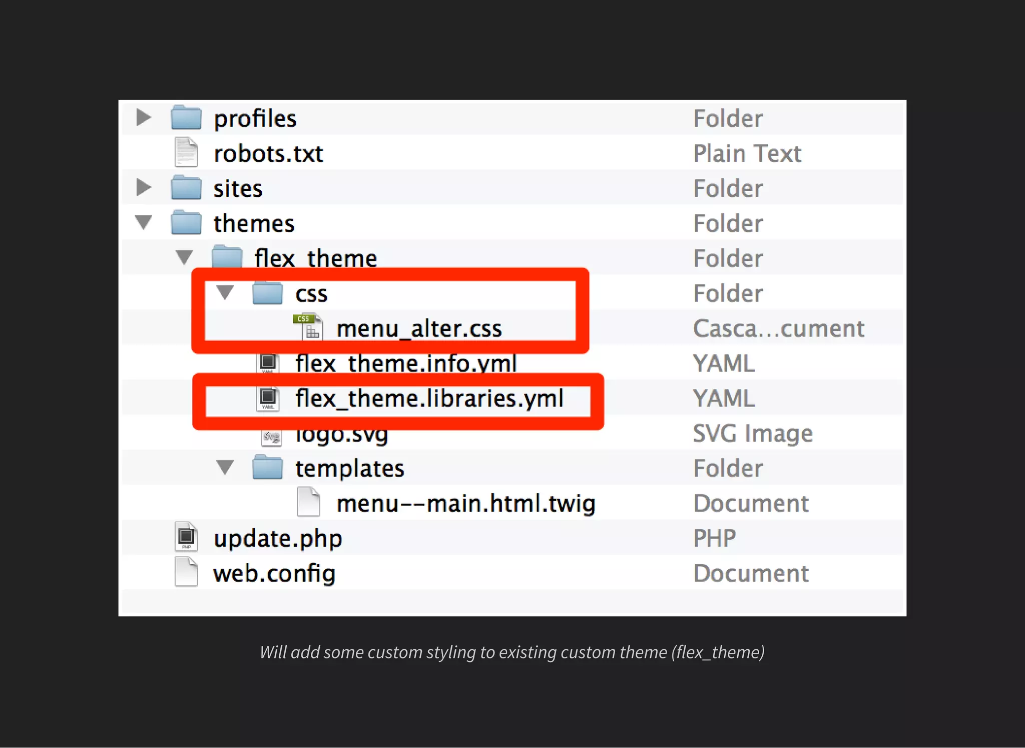 Will add some custom styling to existing custom theme (flex_theme)
 